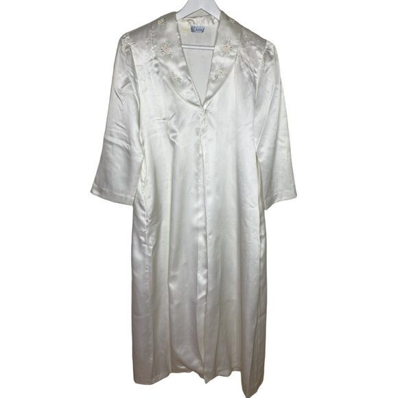 Vintage 80s Etienne Ivory Satin Long Sleeve Collared Nightgown Robe, Size M/L - Picture 1 of 8
